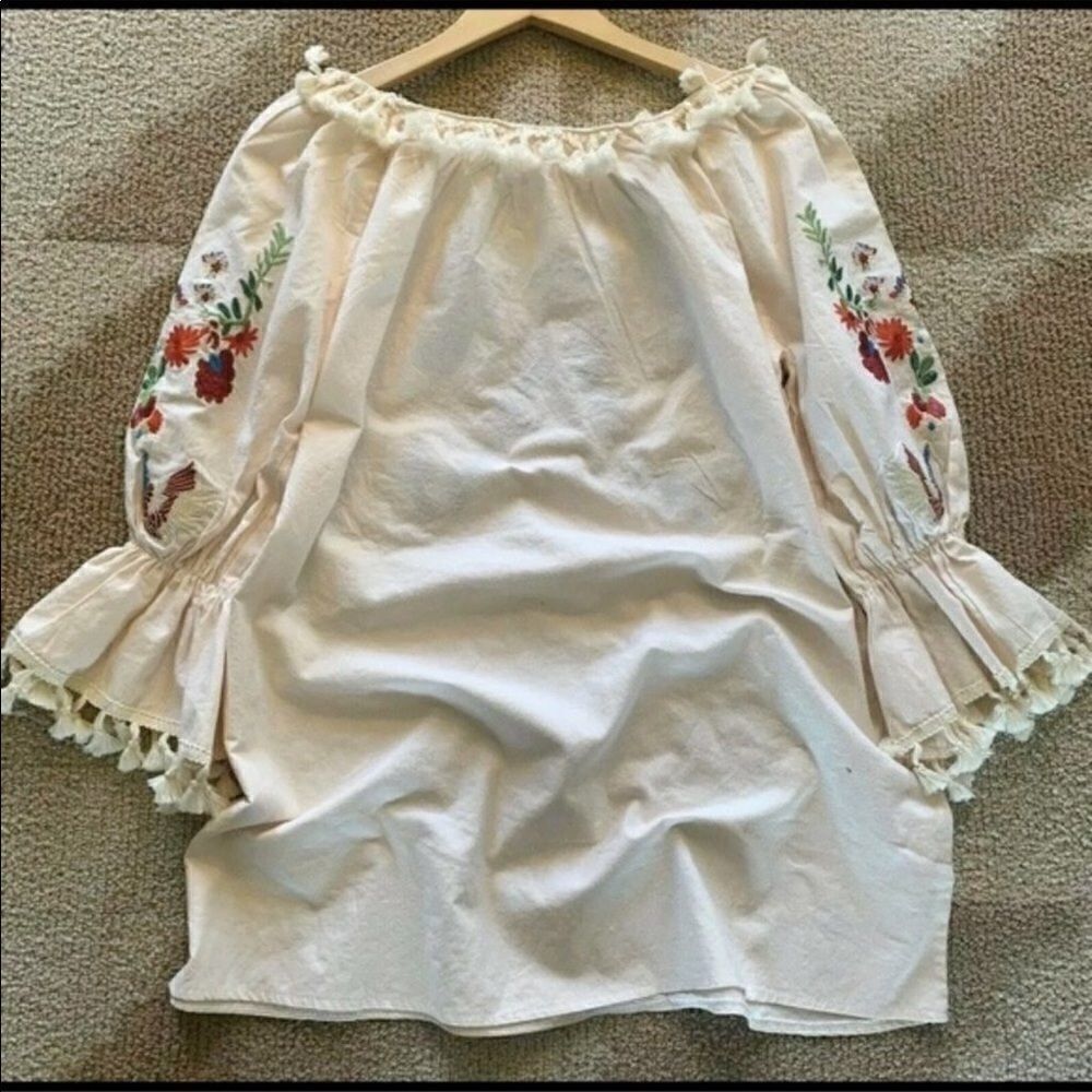 BOHO floral tassel trim dress size S off the shoulder NWOT spring festival - Picture 3 of 7